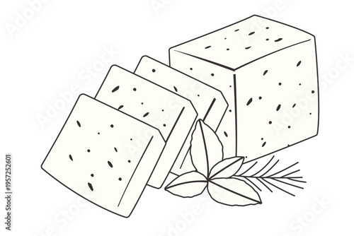 Hand‑drawn edam cheese block with herb garnish and slices in clean black and white style. Perfect for food, cooking, dairy, and ingredient‑focused culinary illustrations.