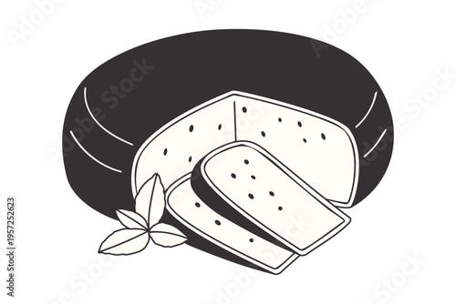 Hand‑drawn Gouda cheese wheel with herb garnish and slices in clean black and white style. Ideal for food, cooking, dairy, and culinary ingredient‑themed designs.
