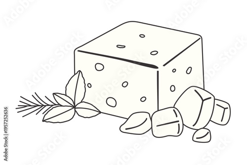 Hand‑drawn feta cheese block with herbs and small pieces, illustrated in clean black and white style. Perfect for food, cooking, Mediterranean cuisine, and ingredient‑themed designs.