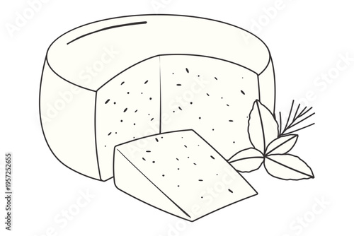 Hand‑drawn cheese wheel with herb garnish and a cut wedge in clean black and white style. Ideal for food, cooking, dairy, and ingredient‑focused culinary illustrations.