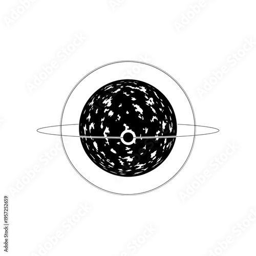 Abstract depiction of a black hole with accretion disk and event horizon.