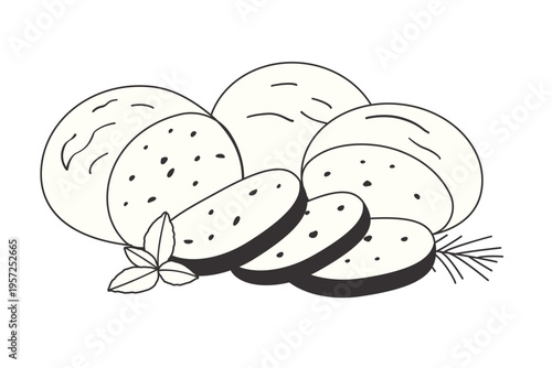 Hand‑drawn mozzarella cheese with herb garnish and slices in clean black and white style. Great for food, cooking, dairy, Mediterranean cuisine, and ingredient illustrations.