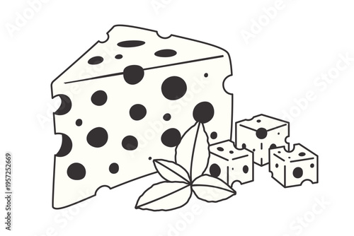 Hand‑drawn Maasdam cheese wedge with herb garnish and cubes, isolated on white background. Ideal for food, cooking, dairy, Swiss‑style cheeses, and culinary ingredient illustrations