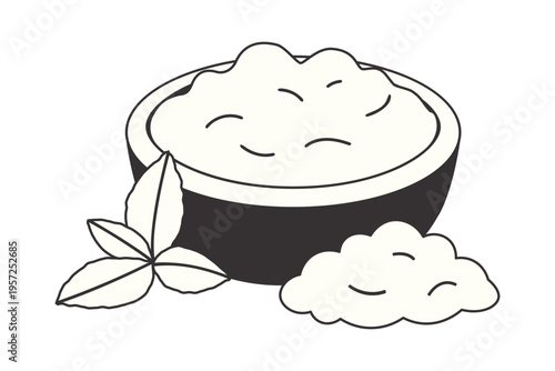 Hand‑drawn ricotta cheese in a bowl with herb garnish, isolated on white background. Ideal for food, cooking, dairy, Italian cuisine, and fresh cheese ingredient illustrations.