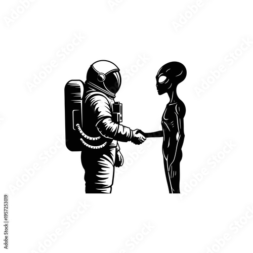 Astronaut and Alien Handshake - A Symbolic Encounter in Space.