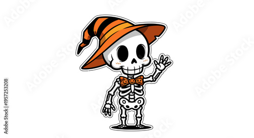 Skeleton wearing orange witch hat.