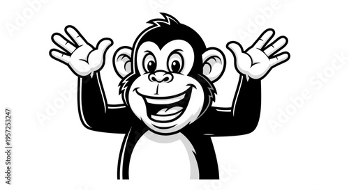 Smiling cartoon monkey with hands up.