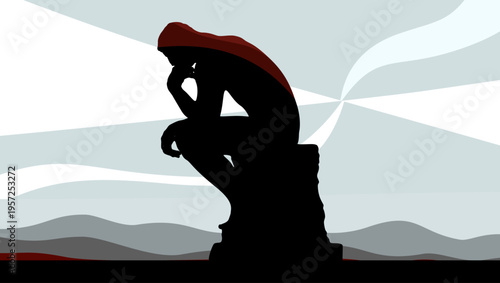 The Thinker statue , flat color vector illustration