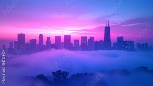 City Skyline at Dawn with Vibrant Pink and Purple Sky.