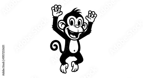 Smiling monkey with hands up high.