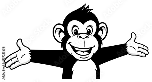 Smiling monkey with outstretched arms wide.
