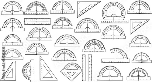 Hand-drawn sketch collection of drafting tools for geometry and measurement, including protractors, rulers, and set squares, useful for education, engineering, and architecture designs