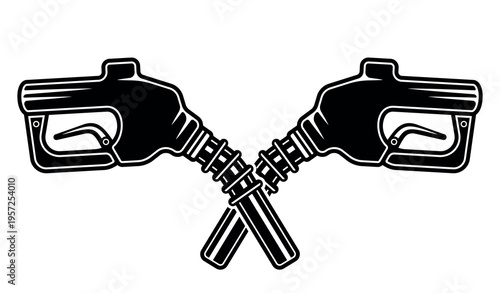 Crossed fuel nozzles vector illustration in black monochrome style. Refueling pistols forming emblem, ideal for automotive logos, gas station branding and industrial design