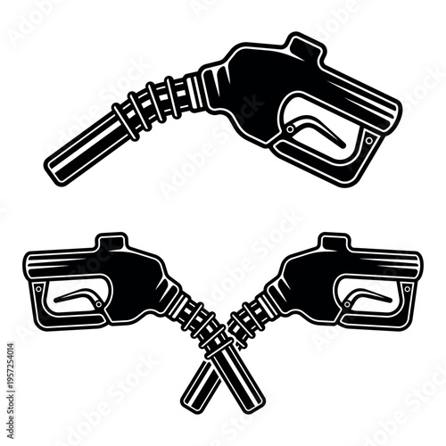 Set of refueling pistols vector illustrations in monochrome style including single nozzle and crossed emblem. Perfect for automotive icons, fuel branding