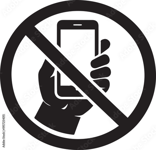 Black and white illustration of a hand holding a smartphone with a prohibition slash sign. Vector, illustration