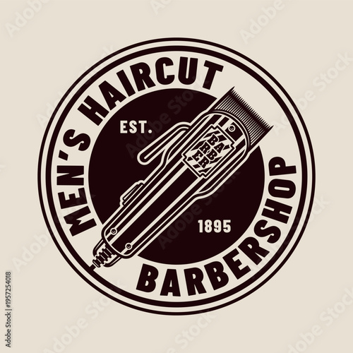 Vintage barbershop emblem with electric clippers in monochrome engraving style. Retro vector badge perfect for barber branding, logos and grooming designs
