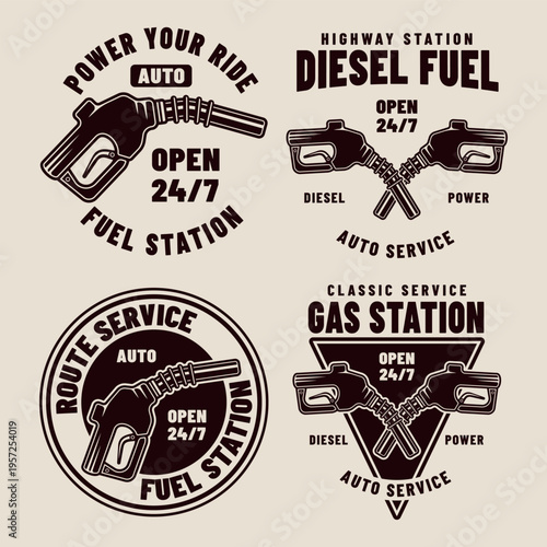 Fuel station set of vintage emblems with refueling pistol in monochrome style. Engraved vector labels suitable for automotive branding, gas services and industrial design