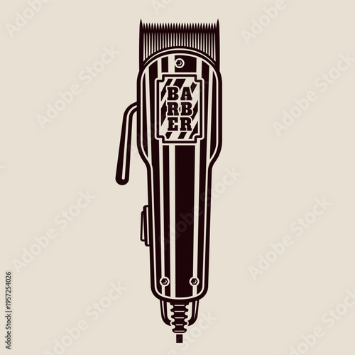 Vintage barber electric clippers vector illustration in monochrome engraving style. Classic grooming tool isolated on light background, perfect for barbershop branding and retro designs