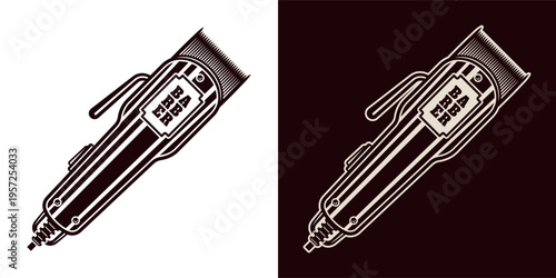 Retro electric hair clippers in two styles. Monochrome vector illustration ideal for barber shop logos, grooming equipment graphics and vintage style branding
