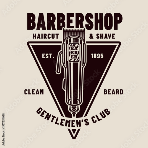 Barber shop vintage logo with electric hair clippers in black engraved style. Monochrome vector emblem ideal for grooming services, salons and retro branding