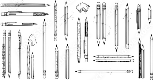 Pencil Sketch Collection: Hand-Drawn Pencils, Pens, and Accessories Illustration