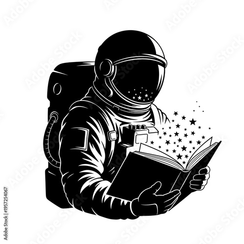 Astronaut engrossed in a captivating book filled with stars.