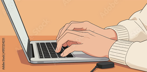 Hands typing on a laptop on a desk with a simple background in a home office setting during daytime