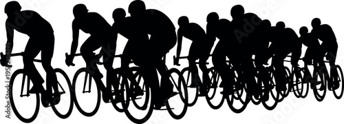 Close view cycling peloton silhouettes racing together, showcasing teamwork, speed and endurance in competitive road bicycle sport dynamic motion concept