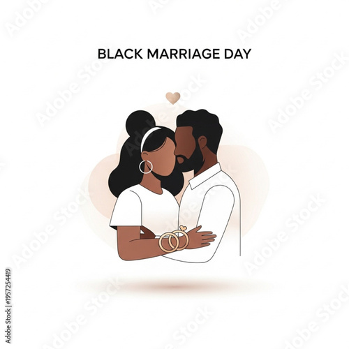 Black Marriage Day Vector Illustration, Loving Black Couple, Wedding Celebration Icon