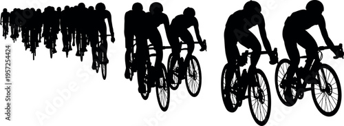 Cyclists racing in peloton formation silhouettes, competitive road cycling sport concept showing speed, endurance, teamwork and motion in dynamic sequence