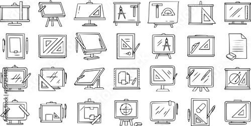 Drafting Tools: Set of Hand-Drawn Icons, Sketch, Architect, Engineering Design
