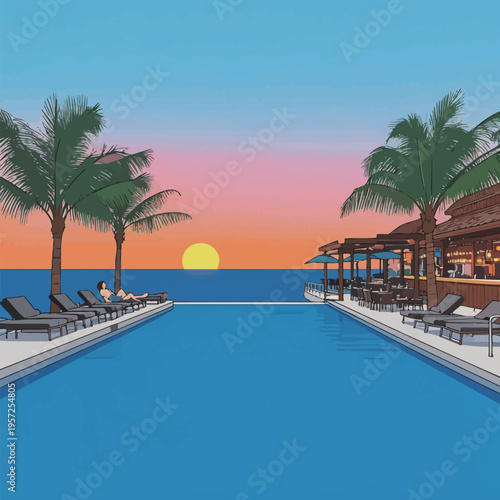 Sunset over the ocean with a pool and palm trees in a resort setting near the beach