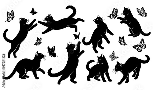 Playful black cats chasing butterflies dynamic silhouette vector illustration with motion poses