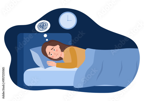 Anxious woman from insomnia. Difficulty falling asleep. Sleep problems. Original vector illustration 