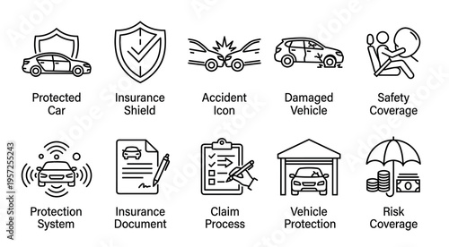 A clean line art collection of icons representing various aspects of car insurance, including protection, accidents, claims, and safety.