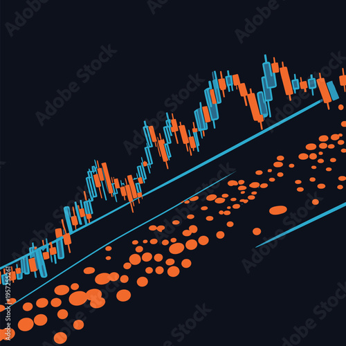 Stock market chart shows price movement with blue and orange colors and highlights trading activity in the financial sector