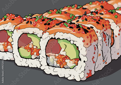 Delicious sushi rolls displayed on a dark background ready for serving at a food event in a lively restaurant setting