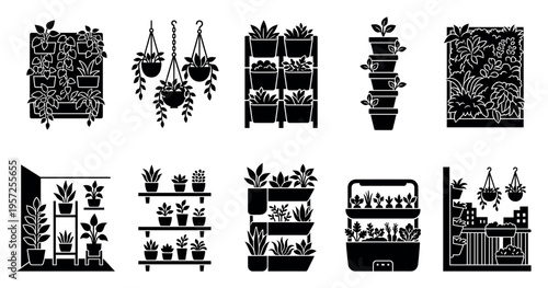 Collection of black silhouette icons depicting various indoor planting systems including hanging planters, vertical shelves, and smart gardens, ideal for home decor and gardening themes.