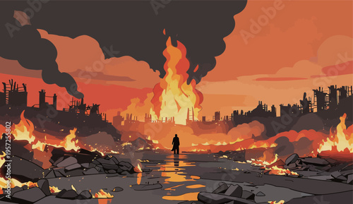 Destruction and fire in a city with smoke and flames at sunset
