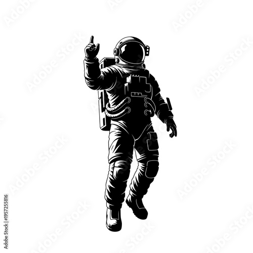 Astronaut in Space Pointing Upward in Black and White.