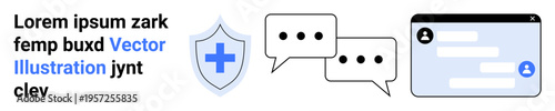 Data security, digital healthcare, online communication, health services, user anonymity, messaging systems. Visual elements shield with medical cross, chat bubbles interface window. Data security
