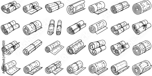 Hand-Drawn Rolled Blueprints and Architectural Plans Icons Set - Engineering and Construction Drawings Collection