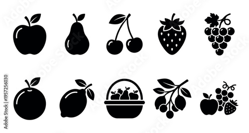 A graphic design showcasing a collection of simple black fruit icons against a white background, including apples, pears, cherries, strawberries, grapes, and citrus.