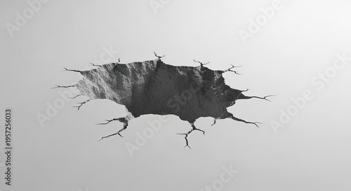 A black and white image of a torn hole in a gray background