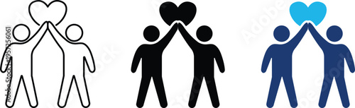 Social partnership icon showing mutual support and community heart connection. Professional illustration for non-profit charity organizations, team collaboration success, healthcare empathy programs.