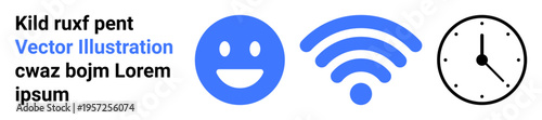 Technology, communication, time tracking, network connectivity, information sharing, productivity. Blue happy face, wireless signal and clock icons arranged horizontally. Technology