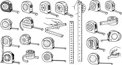 Hand-Drawn Sketch Set of Measuring Tools: Various Tape Measures, Rulers, and Hands Using Them for Accurate Measurement
