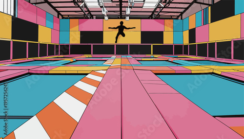 Trampoline park with colorful jumping area and a person in mid-air performing a leap during daytime hours