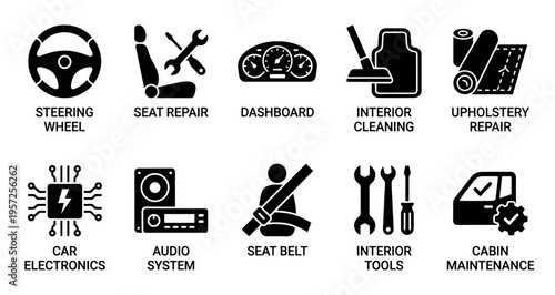 A collection of black icons representing various car interior services, including steering wheel, seat repair, dashboard, cleaning, upholstery, audio, seat belt, tools, and maintenance.