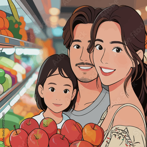 Family shops for apples in a grocery store during a sunny afternoon in a colorful market setting
